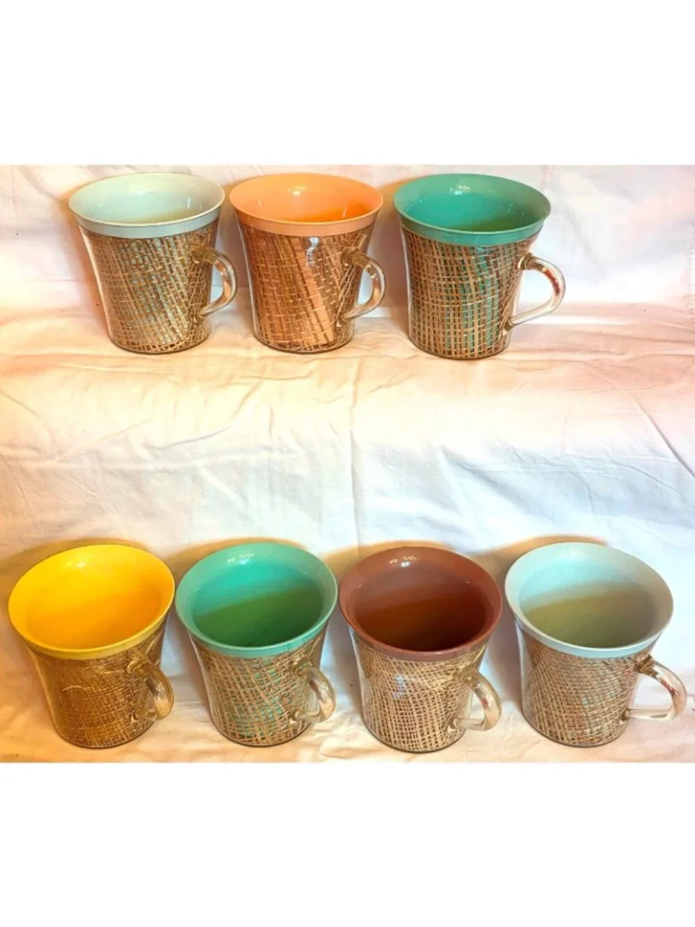 Raffia Ware 7 flared Coffee Cups burlap woven straw pastel mugs Vintage MCM tiki